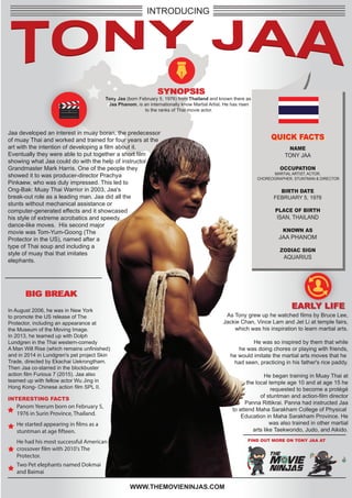 INTRODUCING
SYNOPSIS
NAME
TONY JAA
OCCUPATION
MARTIAL ARTIST, ACTOR,
CHOREOGRAPHER, STUNTMAN & DIRECTOR
BIRTH DATE
FEBRUARY 5, 1976
PLACE OF BIRTH
ISAN, THAILAND
KNOWN AS
JAA PHANOM
ZODIAC SIGN
AQUARIUS
QUICK FACTS
Jaa developed an interest in muay boran, the predecessor
of muay Thai and worked and trained for four years at the
art with the intention of developing a film about it.
Eventually they were able to put together a short film
showing what Jaa could do with the help of instructor
Grandmaster Mark Harris. One of the people they
showed it to was producer-director Prachya
Pinkaew, who was duly impressed. This led to
Ong-Bak: Muay Thai Warrior in 2003, Jaa's
break-out role as a leading man. Jaa did all the
stunts without mechanical assistance or
computer-generated effects and it showcased
his style of extreme acrobatics and speedy,
dance-like moves. His second major
movie was Tom-Yum-Goong (The
Protector in the US), named after a
type of Thai soup and including a
style of muay thai that imitates
elephants.
WWW.THEMOVIENINJAS.COM
FIND OUT MORE ON TONY JAA AT
SYNOPSIS
QUICK FACTS
EARLY LIFEEARLY LIFE
As Tony grew up he watched films by Bruce Lee,
Jackie Chan, Vince Lam and Jet Li at temple fairs,
which was his inspiration to learn martial arts.
He was so inspired by them that while
he was doing chores or playing with friends,
he would imitate the martial arts moves that he
had seen, practicing in his father's rice paddy.
He began training in Muay Thai at
the local temple age 10 and at age 15 he
requested to become a protégé
of stuntman and action-film director
Panna Rittikrai. Panna had instructed Jaa
to attend Maha Sarakham College of Physical
Education in Maha Sarakham Province. He
was also trained in other martial
arts like Taekwondo, Judo, and Aikido.
Tony Jaa (born February 5, 1976) from Thailand and known there as
Jaa Phanom, is an internationally know Martial Artist. He has risen
to the ranks of Thai movie actor.
INTERESTING FACTS
BIG BREAKBIG BREAK
In August 2006, he was in New York
to promote the US release of The
Protector, including an appearance at
the Museum of the Moving Image.
In 2013, he teamed up with Dolph
Lundgren in the Thai western-comedy
A Man Will Rise (which remains unfinished)
and in 2014 in Lundgren's pet project Skin
Trade, directed by Ekachai Uekrongtham.
Then Jaa co-starred in the blockbuster
action film Furious 7 (2015). Jaa also
teamed up with fellow actor Wu Jing in
Hong Kong- Chinese action film SPL II.
Panom Yeerum born on February 5,
1976 in Surin Province, Thailand.
He started appearing in films as a
stuntman at age fifteen.
He had his most successful American
crossover film with 2010's The
Protector.
Two Pet elephants named Dokmai
and Baimai
 