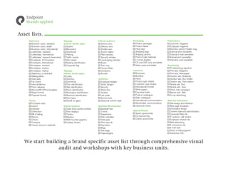 Asset lists.




   We start building a brand specific asset list through comprehensive visual
                 audit and workshops with key business units.
 