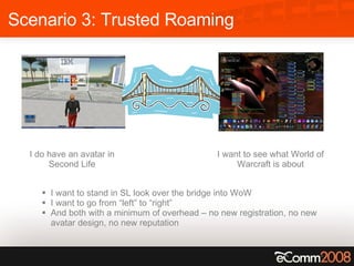Scenario 3: Trusted Roaming I want to see what World of Warcraft is about I want to stand in SL look over the bridge into WoW I want to go from “left” to “right” And both with a minimum of overhead – no new registration, no new avatar design, no new reputation I do have an avatar in Second Life 