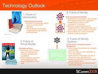 3. Future of  Virtual Reality 4. Future of Identity Systems User-centric, transparent identity management Service-specific identities are managed transparently User can create as many identities as he or she wishes User maintains full control over his or her privacy (e.g., pseudonyms) Access to identities is secured through strong authentication Privacy friendly service discovery and search will emerge Portable identities Immersive user interfaces yield rich identities and complex attributes and capabilities Users expect to carry their rich identities from one space (application) to the next 2 . Future of Identity Life-long personal identities People act as “free agents” who manage their digital identities and capabilities independently of their current “employers” or “schools” Identities and attributes become independent from identity providers, and can be freely moved between providers Some will stay for a user’s whole life, and need special protection 1. Future of Identification Strong identity proofing Biometrics increasingly used to prove and authenticate identities Online identity increasingly established through physical world identities Technology Outlook BBC 2007 On average: 20 20% growth/year    IBM GIO 2006 