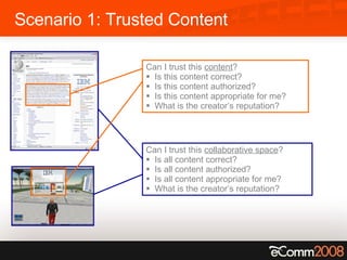 Scenario 1: Trusted Content Can I trust this  collaborative space ? Is all content correct? Is all content authorized? Is all content appropriate for me? What is the creator’s reputation? Can I trust this  content ? Is this content correct? Is this content authorized? Is this content appropriate for me? What is the creator’s reputation? 