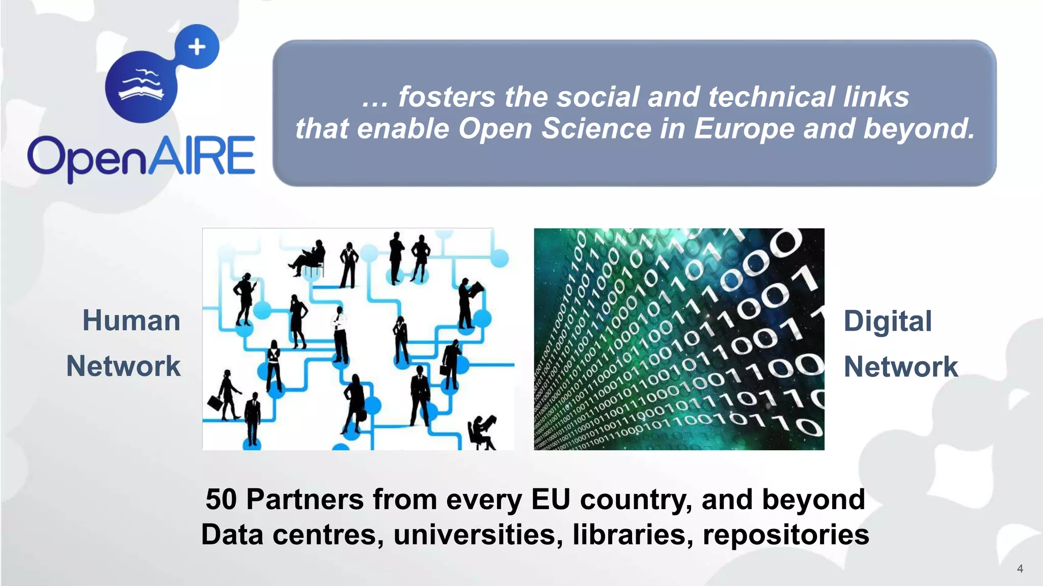 4
Human
Network
50 Partners from every EU country, and beyond
Data centres, universities, libraries, repositories
Digital
Network
… fosters the social and technical links
that enable Open Science in Europe and beyond.
 