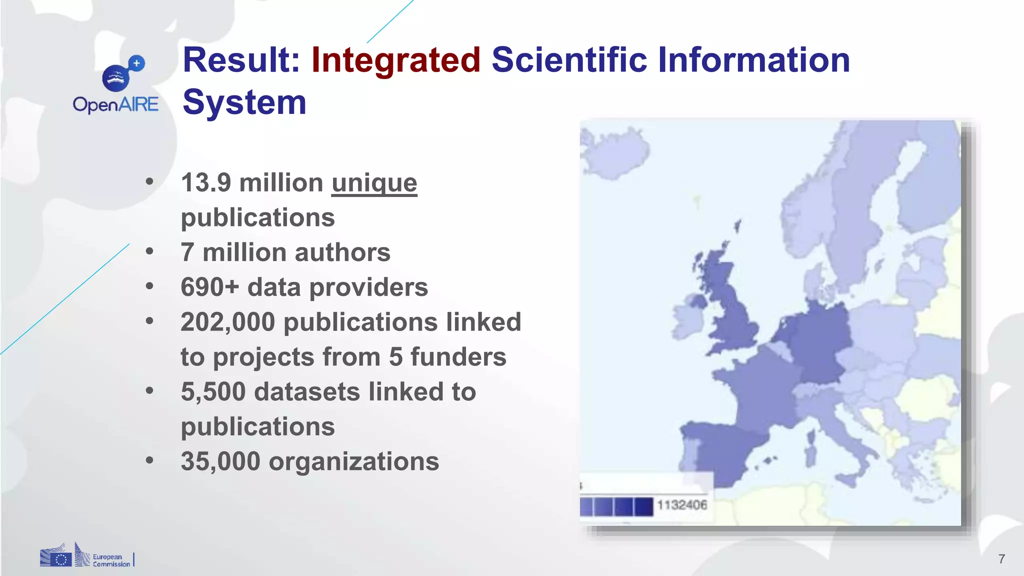 Result: Integrated Scientific Information
System
• 13.9 million unique
publications
• 7 million authors
• 690+ data providers
• 202,000 publications linked
to projects from 5 funders
• 5,500 datasets linked to
publications
• 35,000 organizations
7
 