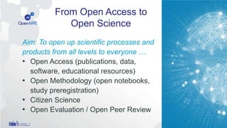 From Open Access to
Open Science
9
Aim: To open up scientific processes and
products from all levels to everyone …
• Open Access (publications, data,
software, educational resources)
• Open Methodology (open notebooks,
study preregistration)
• Citizen Science
• Open Evaluation / Open Peer Review
 