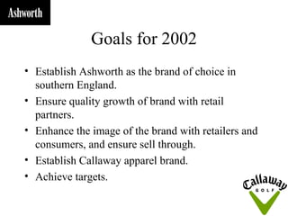 Goals for 2002
• Establish Ashworth as the brand of choice in
  southern England.
• Ensure quality growth of brand with retail
  partners.
• Enhance the image of the brand with retailers and
  consumers, and ensure sell through.
• Establish Callaway apparel brand.
• Achieve targets.
 
