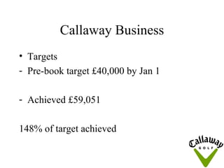 Callaway Business
• Targets
- Pre-book target £40,000 by Jan 1

- Achieved £59,051

148% of target achieved
 