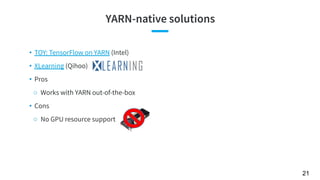 YARN-native solutions
• TOY: TensorFlow on YARN (Intel)
• XLearning (Qihoo)
• Pros
○ Works with YARN out-of-the-box
• Cons...