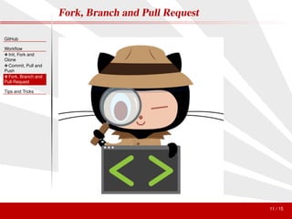 Fork, Branch and Pull Request

GitHub

Workﬂow
❖ Init, Fork and
Clone
❖ Commit, Pull and
Push
❖ Fork, Branch and
Pull Request

Tips and Tricks




                                                     11 / 15
 