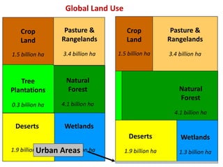 Natural
Forest
4.1 billion ha
Crop
Land
1.5 billion ha
Pasture &
Rangelands
3.4 billion ha
Wetlands
1.3 billion ha
Deserts...