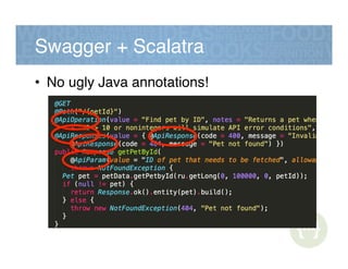 Swagger + Scalatra!
•  No ugly Java annotations!!
 