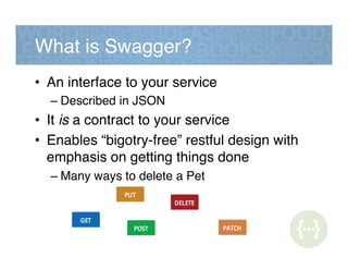 What is Swagger?!
•  An interface to your service!
– Described in JSON!
•  It is a contract to your service!
•  Enables “bigotry-free” restful design with
emphasis on getting things done!
– Many ways to delete a Pet!
 