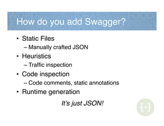 How do you add Swagger?!
•  Static Files!
– Manually crafted JSON!
•  Heuristics!
– Trafﬁc inspection!
•  Code inspection!
– Code comments, static annotations!
•  Runtime generation!
It’s just JSON!!
 