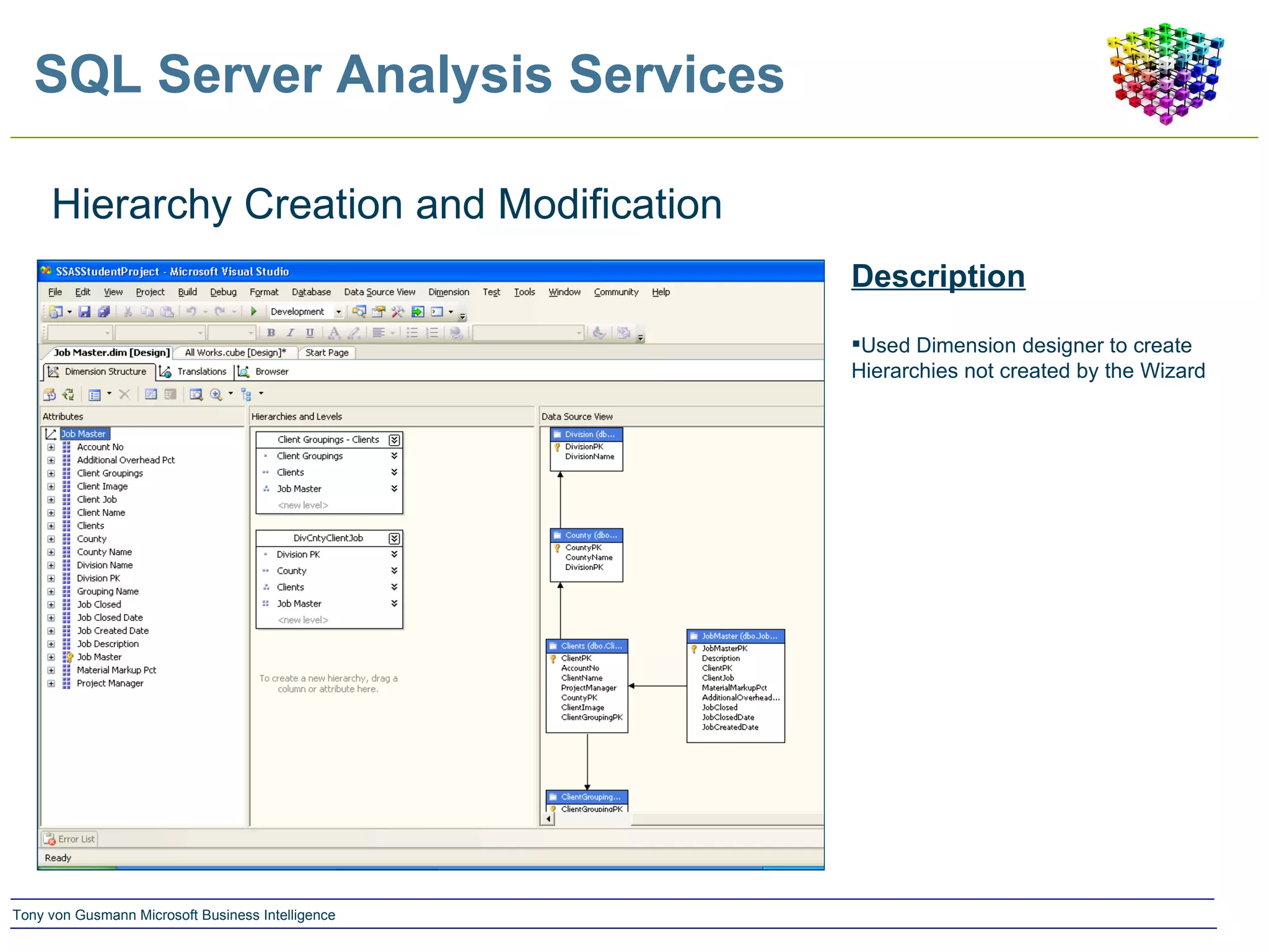 SQL Server Analysis Services Hierarchy Creation and Modification Description Used Dimension designer to create Hierarchies not created by the Wizard 