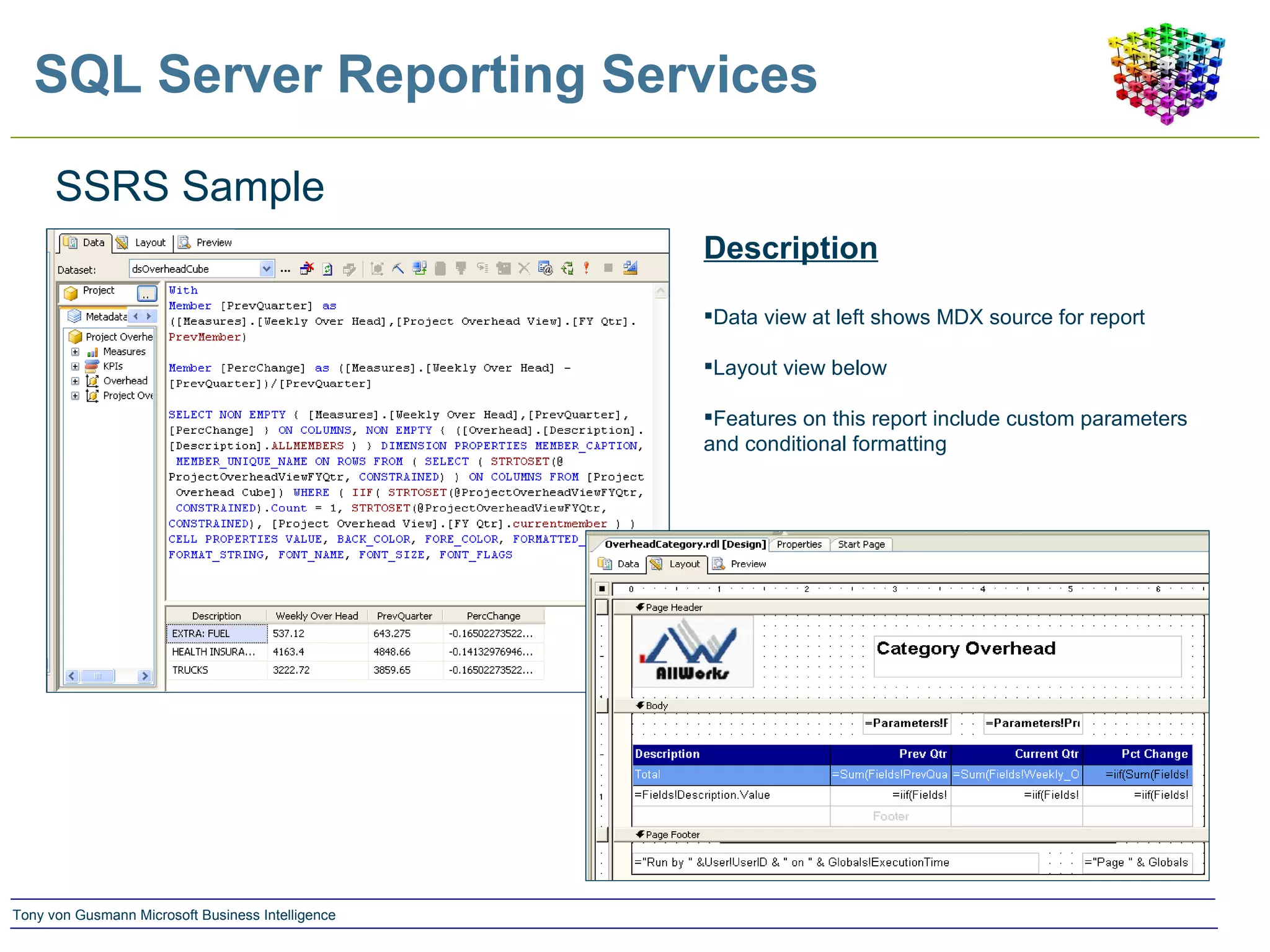 SQL Server Reporting Services SSRS Sample Description Data view at left shows MDX source for report Layout view below Features on this report include custom parameters and conditional formatting 