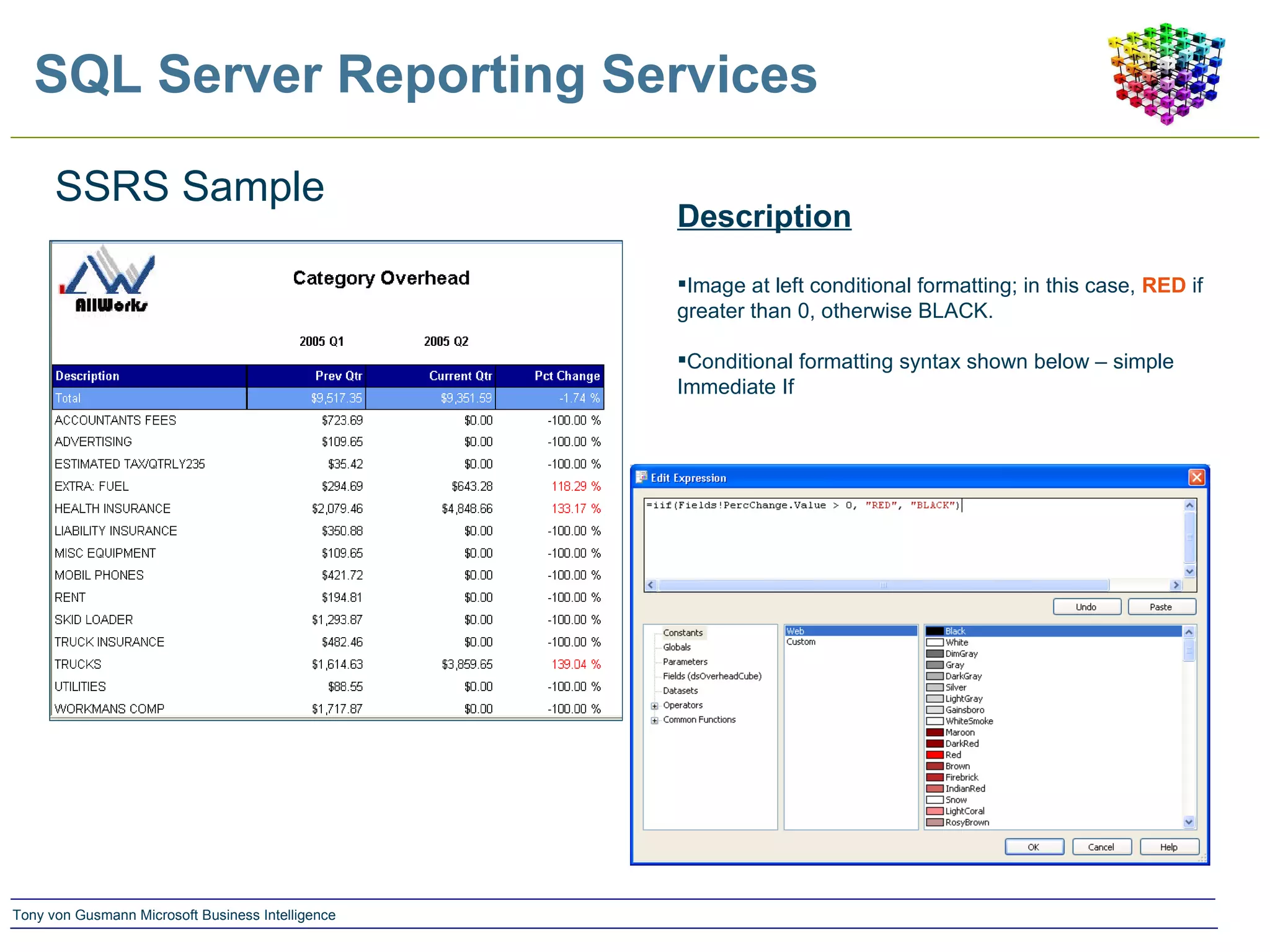 SQL Server Reporting Services SSRS Sample Description Image at left conditional formatting; in this case,  RED  if greater than 0, otherwise BLACK. Conditional formatting syntax shown below – simple Immediate If 
