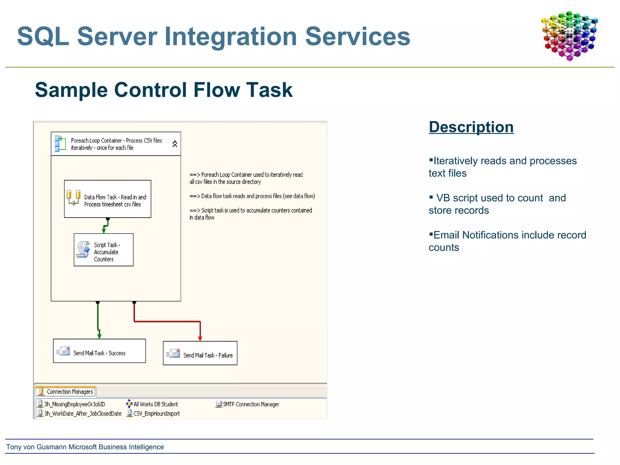 SQL Server Integration Services Sample Control Flow Task Description Iteratively reads and processes text files VB script used to count  and store records Email Notifications include record counts 