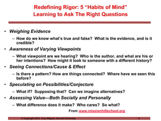 © Copyright 2012, Tony Wagner, Harvard University 9
Redefining Rigor: 5 “Habits of Mind”
Learning to Ask The Right Questions
• Weighing Evidence
– How do we know what’s true and false? What is the evidence, and is it
credible?
• Awareness of Varying Viewpoints
– What viewpoint are we hearing? Who is the author, and what are his or
her intentions? How might it look to someone with a different history?
• Seeing Connections/Cause & Effect
– Is there a pattern? How are things connected? Where have we seen this
before?
• Speculating on Possibilities/Conjecture
– What if? Supposing that? Can we imagine alternatives?
• Assessing Value—Both Socially and Personally
– What difference does it make? Who cares? So what?
From www.missionhillschool.org
 