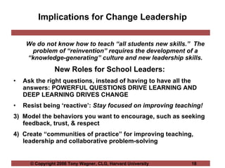 Implications for Change Leadership We do not know how to teach “all students new skills.”  The problem of “reinvention” requires the development of a “knowledge-generating” culture and new leadership skills. New Roles for School Leaders:   Ask the right questions, instead of having to have all the answers: POWERFUL QUESTIONS DRIVE LEARNING AND DEEP LEARNING DRIVES CHANGE Resist being ‘reactive’:  Stay focused on improving teaching! 3)  Model the behaviors you want to encourage, such as seeking feedback, trust, & respect  4)  Create “communities of practice” for improving teaching, leadership and collaborative problem-solving 