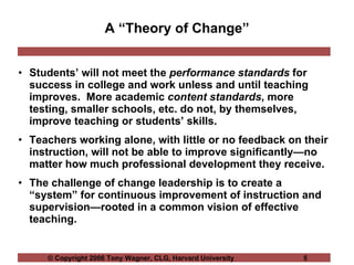 A “Theory of Change” Students’ will not meet the  performance standards  for success in college and work unless and until teaching improves.  More academic  content   standards , more testing, smaller schools, etc. do not, by themselves, improve teaching or students’ skills. Teachers working alone, with little or no feedback on their instruction, will not be able to improve significantly—no matter how much professional development they receive. The challenge of change leadership is to create a “system” for continuous improvement of instruction and supervision—rooted in a common vision of effective teaching. 