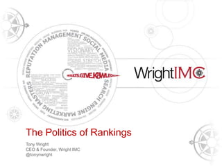 Presentation Title Here
Tony Wright
CEO & Founder, Wright IMC
The Politics of Rankings
Tony Wright
CEO & Founder, Wright IMC
@tonynwright
 
