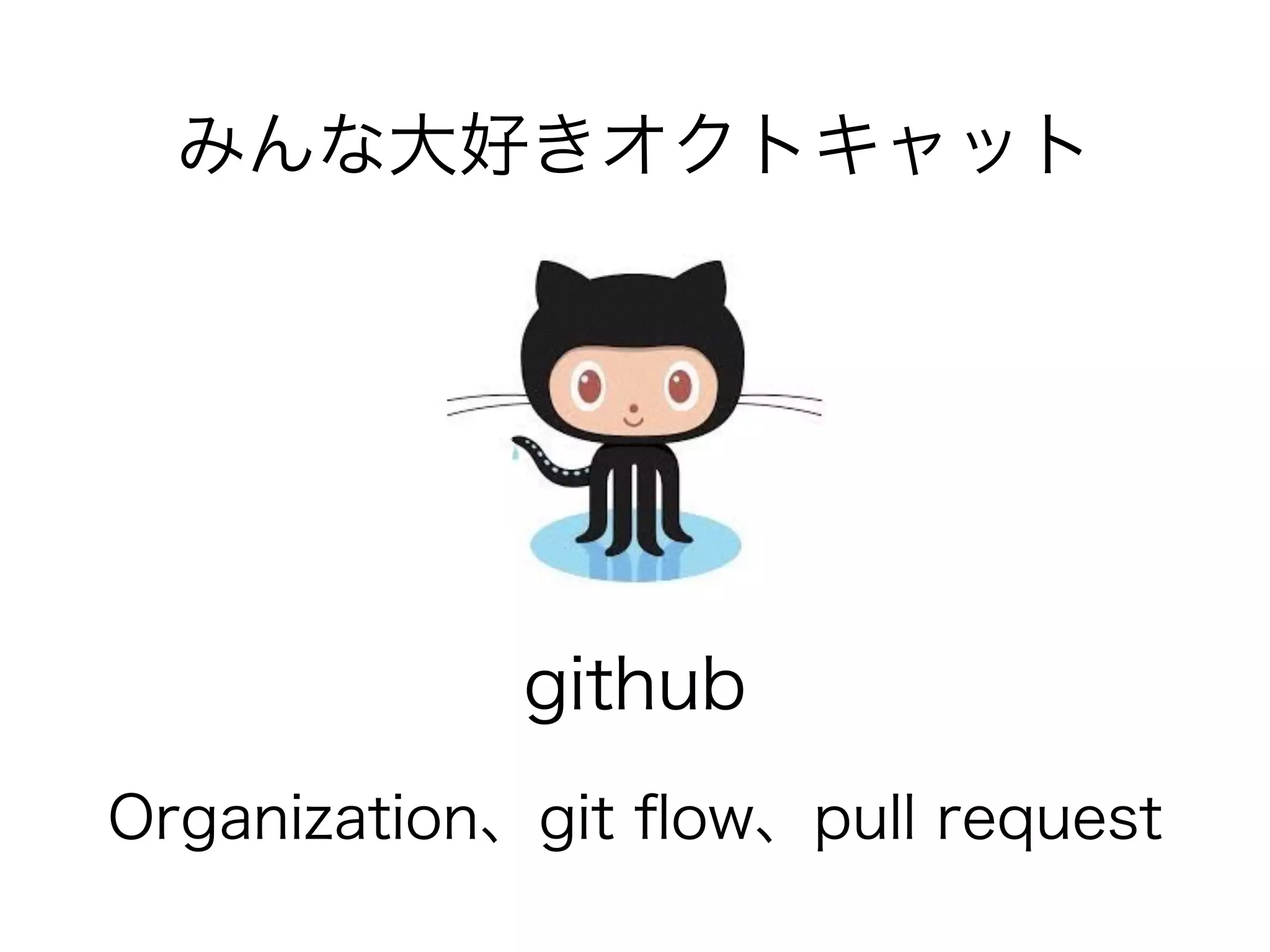 みんな大好きオクトキャット 
github 
Organization、git flow、pull request 
 