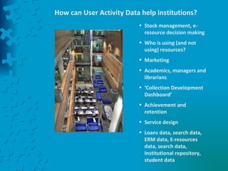 How can User Activity Data help institutions? Stock management, e-resource decision making Who is using (and not using) resources? Marketing Academics, managers and librarians ‘ Collection Development Dashboard’ Achievement and retention Service design Loans data, search data, ERM data, E-resources data, search data, Institutional repository, student data 