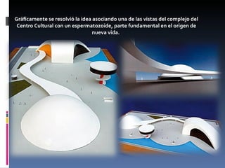 Gráficamente se resolvió la idea asociando una de las vistas del complejo del Centro Cultural con un espermatozoide, parte fundamental en el origen de nueva vida.  