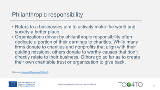 Philanthropic responsibility
• Refers to a businesses aim to actively make the world and
society a better place.
• Organizations driven by philanthropic responsibility often
dedicate a portion of their earnings to charities. While many
firms donate to charities and nonprofits that align with their
guiding missions, others donate to worthy causes that don’t
directly relate to their business. Others go so far as to create
their own charitable trust or organization to give back.
(Source: Harvard Business School)
10
 