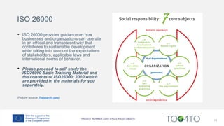 ISO 26000
• ISO 26000 provides guidance on how
businesses and organizations can operate
in an ethical and transparent way that
contributes to sustainable development
while taking into account the expectations
of stakeholders, applicable laws and
international norms of behavior.
• Please proceed to self study the
ISO26000 Basic Training Material and
the contents of ISO26000: 2010 which
are provided in the materials for you
separately.
(Picture source: Research gate)
19
 