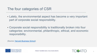 The four categories of CSR
• Lately, the environmental aspect has become a very important
part of corporate social responsibility.
• Corporate social responsibility is traditionally broken into four
categories: environmental, philanthropic, ethical, and economic
responsibility.
(Source: Harvard Business School)
7
 