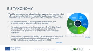 26
EU TAXONOMY
The EU taxonomy is a classification system that creates a list
of economically viable ecologically sustainable activities in
order to help reach the objectives of the European Green Deal.
• To assist investors in making green investments, six
environmental objectives have been defined.
• An action must support at least one aim, Do No Significant
Harm (DNSH) to any other objectives, and adhere to
minimum social protections in order to be taxonomically
matched.
• Companies must start disclosing the percentage of their total
revenue, capital expenditures, and operating expenses in
FY'22 that is taxonomy eligible starting in 2022.
Read more
Environmental objectives of EU taxonomy.
Source
 