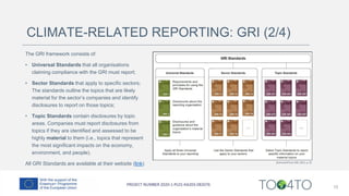 CLIMATE-RELATED REPORTING: GRI (2/4)
The GRI framework consists of:
• Universal Standards that all organisations
claiming compliance with the GRI must report;
• Sector Standards that apply to specific sectors;
The standards outline the topics that are likely
material for the sector’s companies and identify
disclosures to report on those topics;
• Topic Standards contain disclosures by topic
areas. Companies must report disclosures from
topics if they are identified and assessed to be
highly material to them (i.e., topics that represent
the most significant impacts on the economy,
environment, and people).
All GRI Standards are available at their website (link)
10
 