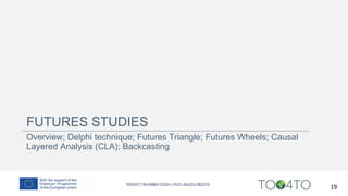 FUTURES STUDIES
Overview; Delphi technique; Futures Triangle; Futures Wheels; Causal
Layered Analysis (CLA); Backcasting
19
 