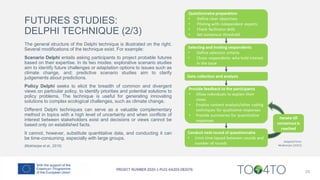 FUTURES STUDIES:
DELPHI TECHNIQUE (2/3)
The general structure of the Delphi technique is illustrated on the right.
Several modifications of the technique exist. For example:
Scenario Delphi entails asking participants to project probable futures
based on their expertise. In its two modes: explorative scenario studies
aim to identify future challenges or adaptation options to issues such as
climate change, and; predictive scenario studies aim to clarify
judgements about predictions.
Policy Delphi seeks to elicit the breadth of common and divergent
views on particular policy, to identify priorities and potential solutions to
policy problems. The technique is useful for generating innovating
solutions to complex ecological challenges, such as climate change.
Different Delphi techniques can serve as a valuable complementary
method in topics with a high level of uncertainty and when conflicts of
interest between stakeholders exist and decisions or views cannot be
based only on established facts.
It cannot, however, substitute quantitative data, and conducting it can
be time-consuming, especially with large groups.
(Mukherjee et al., 2015)
25
 