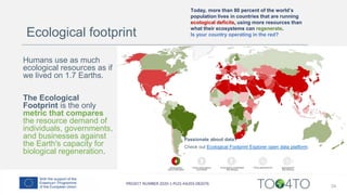 24
Today, more than 80 percent of the world’s
population lives in countries that are running
ecological deficits, using more resources than
what their ecosystems can regenerate.
Is your country operating in the red?
Passionate about data?
Check out Ecological Footprint Explorer open data platform.
Humans use as much
ecological resources as if
we lived on 1.7 Earths.
The Ecological
Footprint is the only
metric that compares
the resource demand of
individuals, governments,
and businesses against
the Earth's capacity for
biological regeneration.
Ecological footprint
 