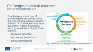 15
Fig. Challenges faced by anthropogenic resources in a Circular Economy,
To effectively make use of
anthropogenic resources within
the context of a circular economy,
at least 12 challenges have to be
overcome. These challenges
were grouped according to three
aspects:
• ‘resource potential’,
• ‘recovery potential’ and
• ‘utilization potential’
Challenges related to resources
based on Winterstetter et al. 2021
 