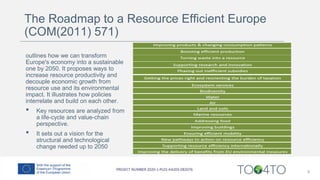 The Roadmap to a Resource Efficient Europe
(COM(2011) 571)
outlines how we can transform
Europe's economy into a sustainable
one by 2050. It proposes ways to
increase resource productivity and
decouple economic growth from
resource use and its environmental
impact. It illustrates how policies
interrelate and build on each other.
• Key resources are analyzed from
a life-cycle and value-chain
perspective.
• It sets out a vision for the
structural and technological
change needed up to 2050
8
 