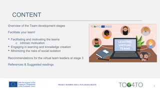 CONTENT
Overview of the Team development stages
Facilitate your team!
• Facilitating and motivating the teams
○ intrinsic motivation
• Engaging in learning and knowledge creation
• Minimizing the risks of social isolation
Recommendations for the virtual team leaders at stage 3
References & Suggested readings
2
 