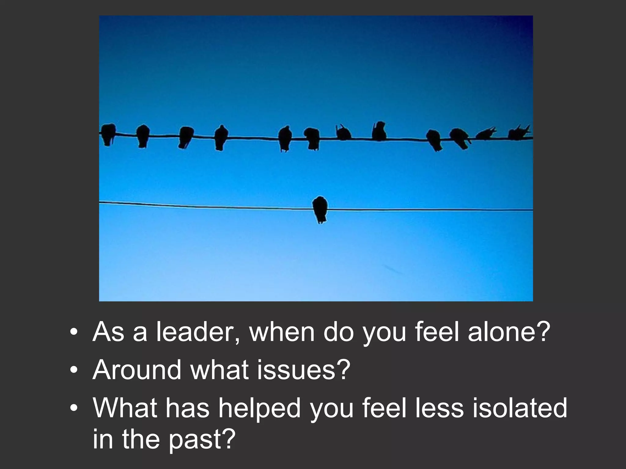 What is your story? As a leader, when do you feel alone? Around what issues? What has helped you feel less isolated in the past? 