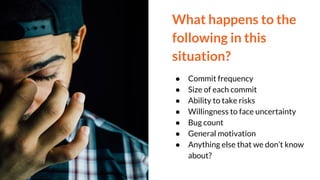What happens to the
following in this
situation?
● Commit frequency
● Size of each commit
● Ability to take risks
● Willingness to face uncertainty
● Bug count
● General motivation
● Anything else that we don’t know
about?
 