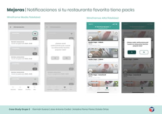 Case Study Grupo 3 Germán Suarez | Jose Antonio Cediel | Ariadna Flores Flores | Estela Ortas
Mejoras | Notificaciones si tu restaurante favorito tiene packs
Wireframe Media fidelidad Wireframes Alta fidelidad
 