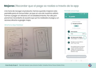 Case Study Grupo 3 Germán Suarez | Jose Antonio Cediel | Ariadna Flores Flores | Estela Ortas
Mejoras | Recordar que el pago se realiza a través de la app
A la hora de recoger el producto, hemos querido mejorar esta
pantalla para el consumidor, ya que en uno de nuestros safaris
fuimos a pagar en efectivo en el establecimiento. Por ello pro-
ponemos recordarle al usuario que ya ha realizado el pago y un
acceso directo a google maps.
Wireframe Baja fidelidad
Pantalla actual App
 