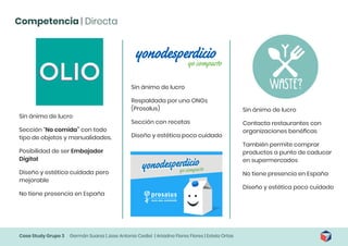 Case Study Grupo 3 Germán Suarez | Jose Antonio Cediel | Ariadna Flores Flores | Estela Ortas
Competencia | Directa
Sin ánimo de lucro
Sección “No comida” con todo
tipo de objetos y manualidades.
Posibilidad de ser Embajador
Digital
Diseño y estética cuidada pero
mejorable
No tiene presencia en España
Sin ánimo de lucro
Respaldada por una ONGs
(Prosalus)
Sección con recetas
Diseño y estética poco cuidado
Sin ánimo de lucro
Contacta restaurantes con
organizaciones benéficas
También permite comprar
productos a punto de caducar
en supermercados
No tiene presencia en España
Diseño y estética poco cuidado
 