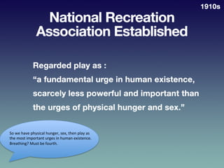 Na?onal	
  Recrea?on	
  Associa?on	
  
Established	
  	
  
•  Regarded	
  play	
  as	
  a	
  “fundamental	
  urge	
  in	
 ...