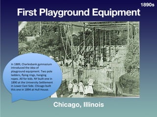 First	
  Playground	
  Equipment	
  	
  
•  Chicago,	
  Ill.	
  
1890s	
  
In	
  1889,	
  Charlesbank	
  gymnasium	
  
int...