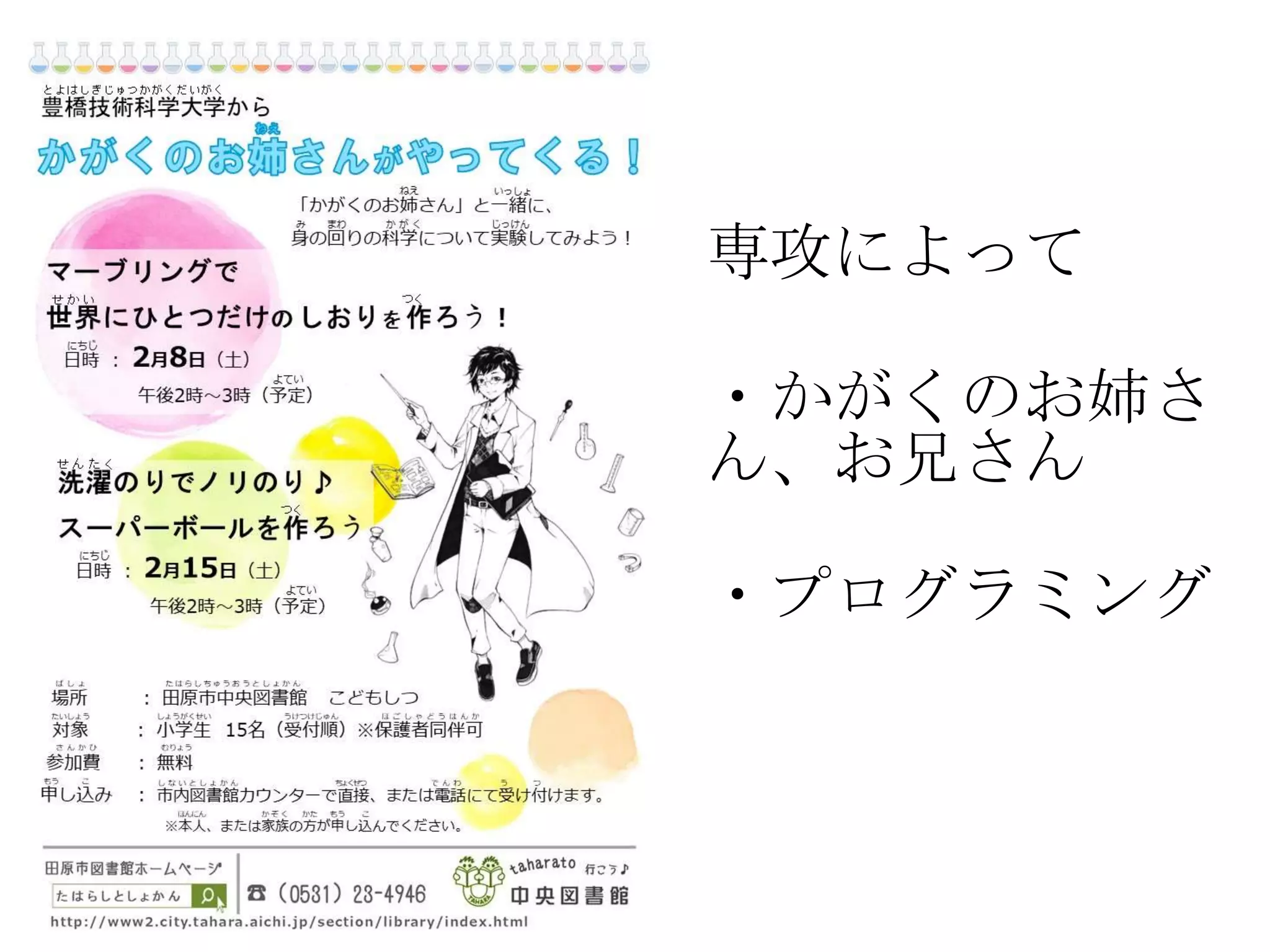 専攻によって
・かがくのお姉さ
ん、お兄さん
・プログラミング
 