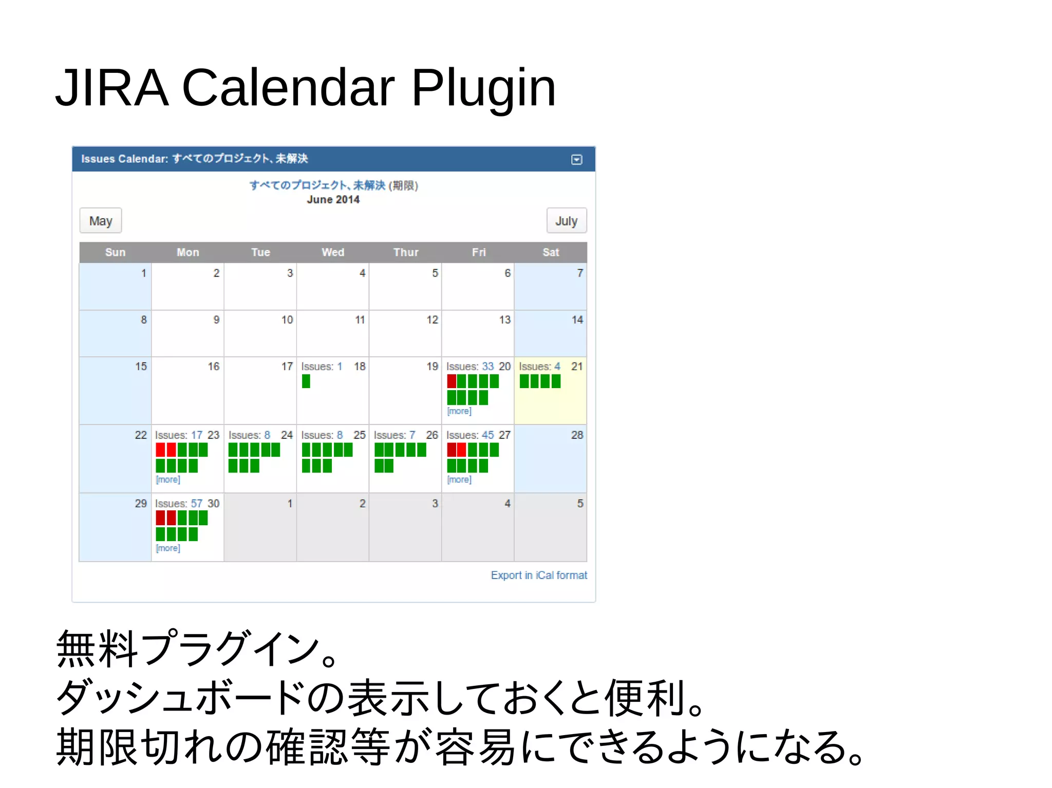 JIRA Calendar Plugin
無料プラグイン。
ダッシュボードの表示しておくと便利。
期限切れの確認等が容易にできるようになる。
 