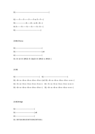 D|-------------------------------------------------------------|
G|------7------7--------7-------7--x--7----7----|
D|-------------------0-------0-----x--0----0----|
A|-5--------5--------5-------5--------5----5----|
D|----------------------------------------------|
(3:06) Chorus
G|------------------------------------------------|
D|------------------------------------------------|x4
A|------------------------------------------------|
D|--0--12--0--10h12--0--13p12--0--10h12--x--8h10--|
(3:18)
G|-------------------------------------------| G|-------------------------------------------|
D|---0---x----0--x----0--x----0--x----0--x---|x3 D|---0---x----0--x----0--x----0--x----x--x---|
A|---5---x----5--x----5--x----5--x----5--x---| A|---5---x----5--x----5--x----5--x----x--x---|
D|---0---x----0--x----0--x----0--x----0--x---| D|---0---x----0--x----0--x----0--x----x--x---|
(3:30) Bridge
G|----------------------------------|
D|----------------------------------|x8
A|----------------------------------|
D|--5h7-0-0-3h5-0-5h7-0-3h5-5h7-0-0-|
 