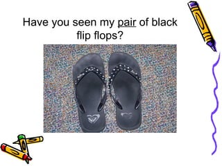 Have you seen my  pair  of black flip flops? 