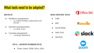 What tools need to be adopted?
HR TECH
● Workforce management
○ e.g. Holiday booking, compensation and
beneﬁts
● Internal communications
○ e.g. Slack, Teams
● Learning management
○ e.g Moodle, Blackboard,
ROLE SPECIFIC TECH
● CRM
● ERP
● Social Media
● Sales Tech
● MarTech
PLUS…. REMOTE WORKER TECH
● Zoom, Asana, Trello, Drive, 15ﬁve
 